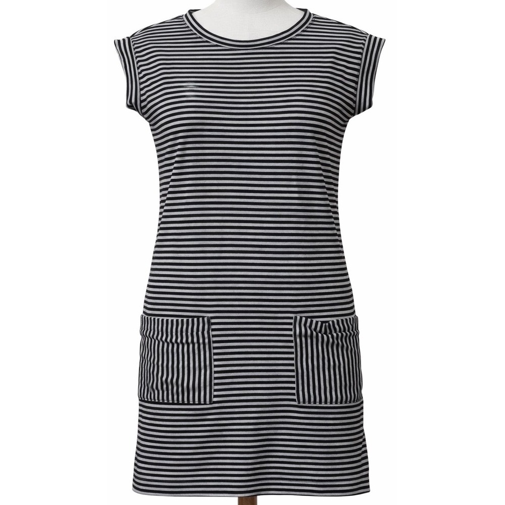 Athleta Ease Up Striped Dress Medium M Black Gray Pocket Casual Shift Tunic